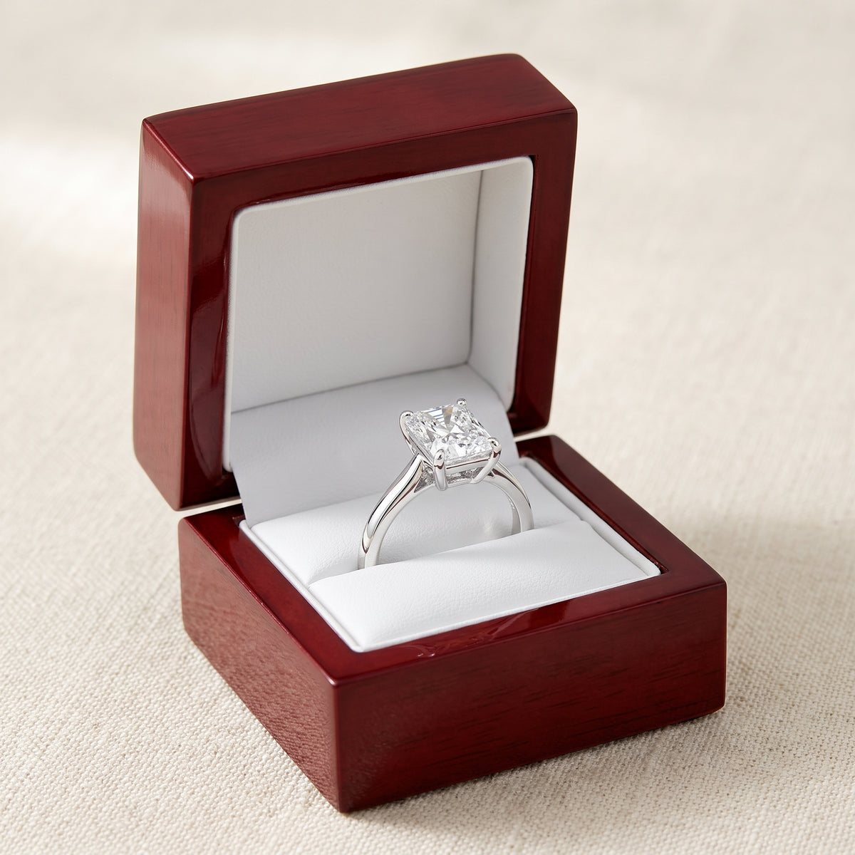 Radiant lab-grown diamond solitaire engagement ring, 925 Sterling Silver, in cherry-wood ring box