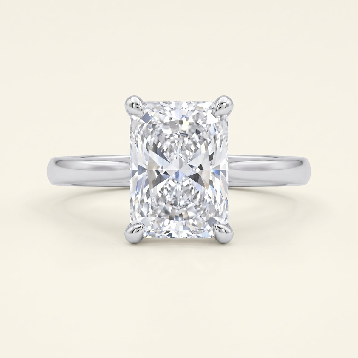 Radiant lab-grown diamond solitaire engagement ring, 925 Sterling Silver, face-on detail macro