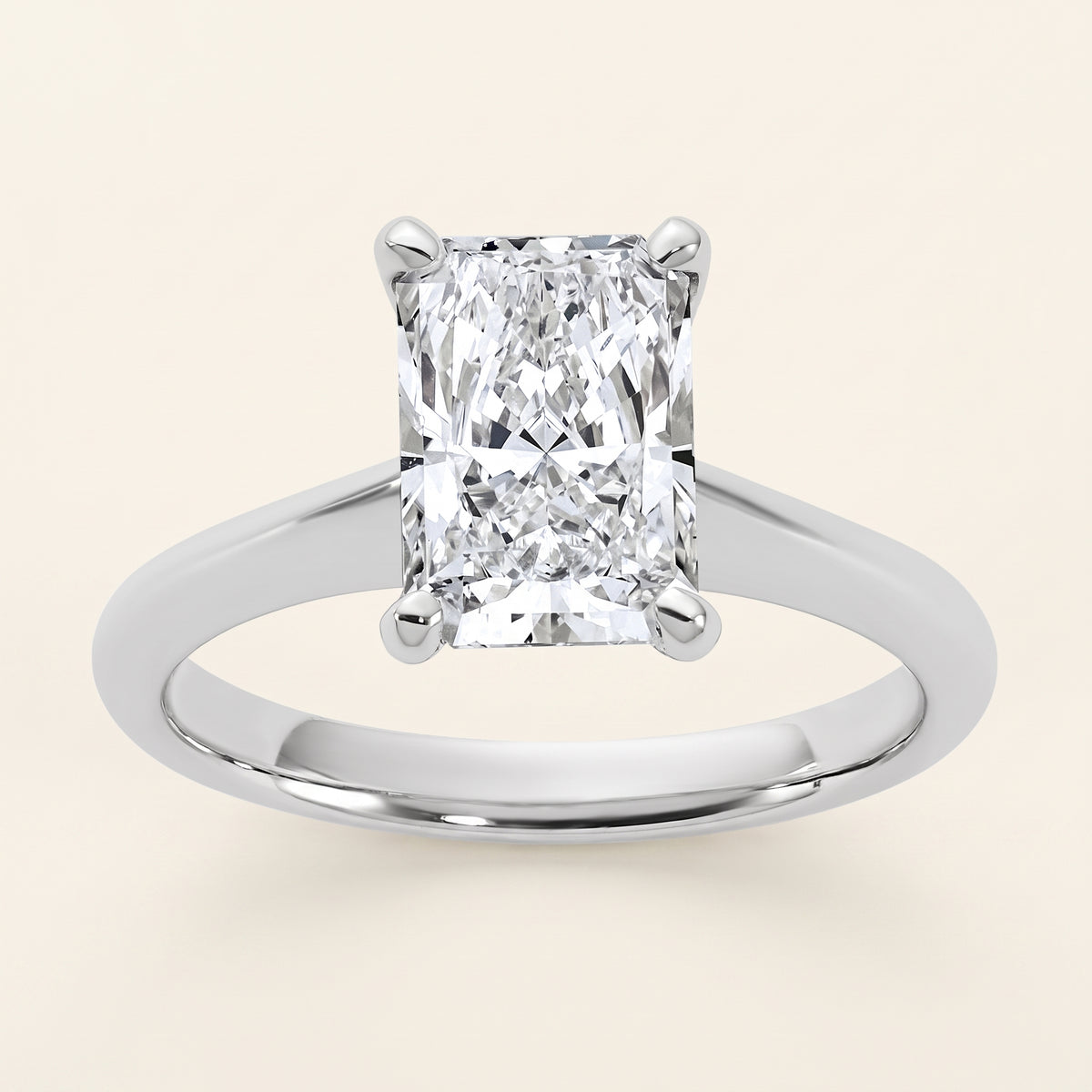Radiant lab-grown diamond solitaire engagement ring, White Gold, face-on detail macro