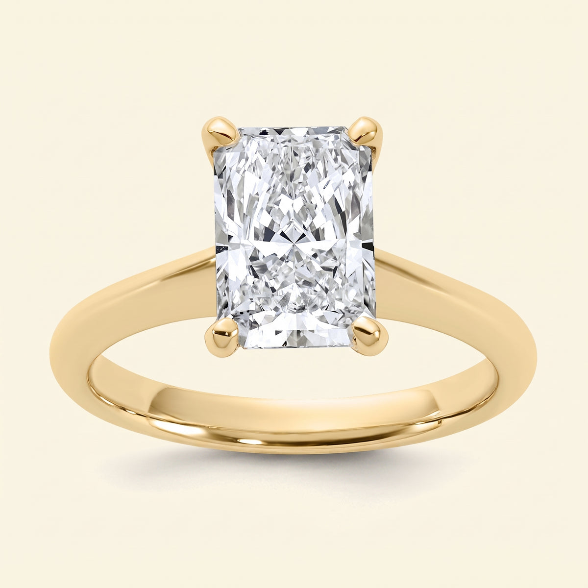 Radiant lab-grown diamond solitaire engagement ring, Yellow Gold, face-on detail macro