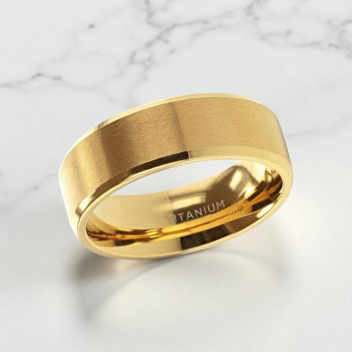 Angled view of 8 mm titanium ring with comfort fit interior