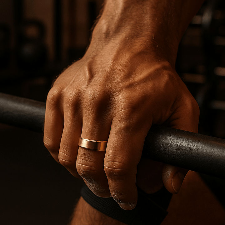 Polished beveled edges on gold-plated titanium wedding band