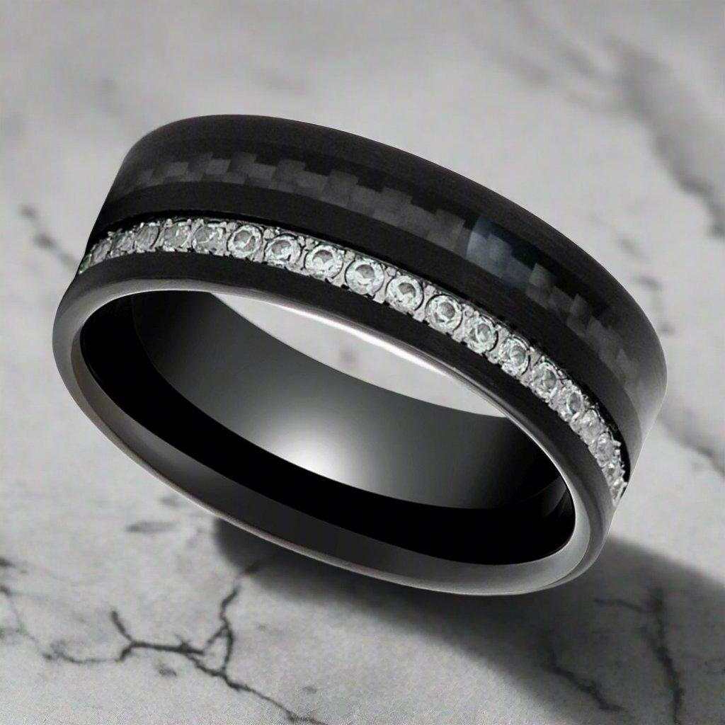 REACTOR | Black Tungsten Ring, Black Carbon Fiber and Eternity White CZ Inlay - Rings - Aydins Jewelry - 2