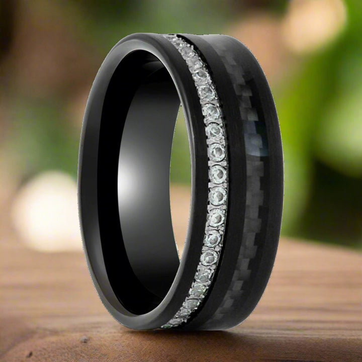 REACTOR | Black Tungsten Ring, Black Carbon Fiber and Eternity White CZ Inlay - Rings - Aydins Jewelry - 3