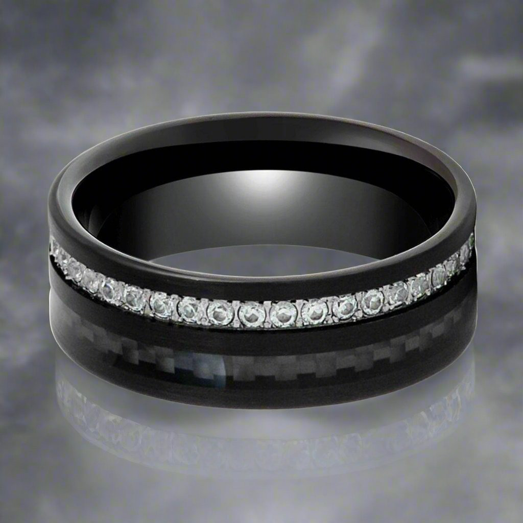 REACTOR | Black Tungsten Ring, Black Carbon Fiber and Eternity White CZ Inlay - Rings - Aydins Jewelry - 1