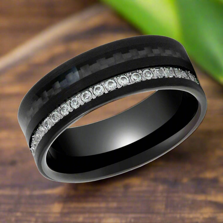 REACTOR | Black Tungsten Ring, Black Carbon Fiber and Eternity White CZ Inlay - Rings - Aydins Jewelry - 4