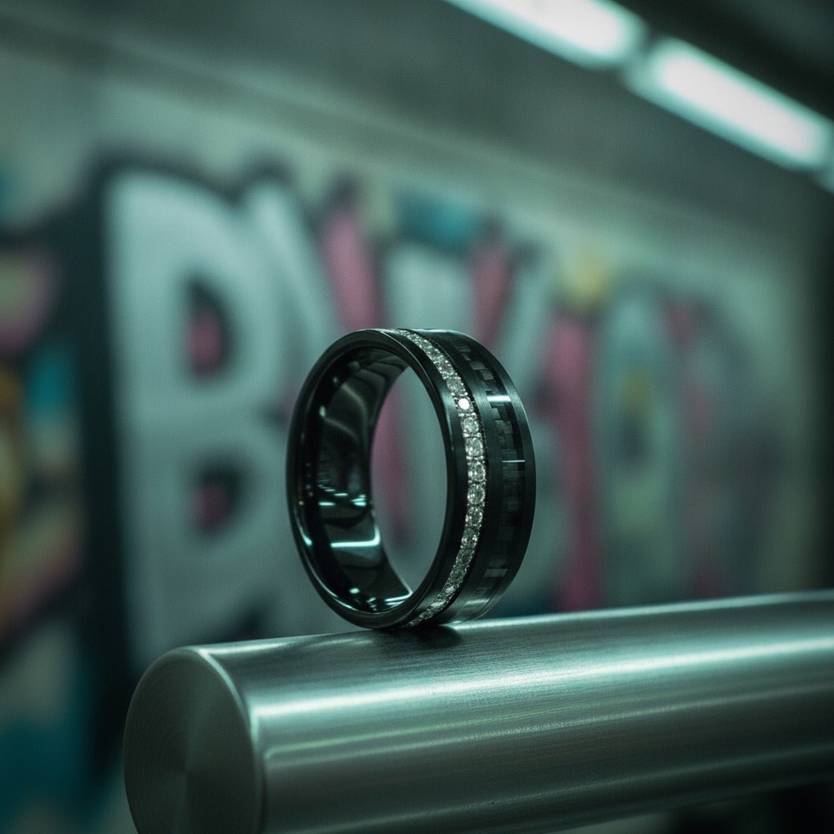 Aydins REACTOR | Black Tungsten Ring, Black Carbon Fiber and Eternity White CZ Inlay lifestyle scene, underground train