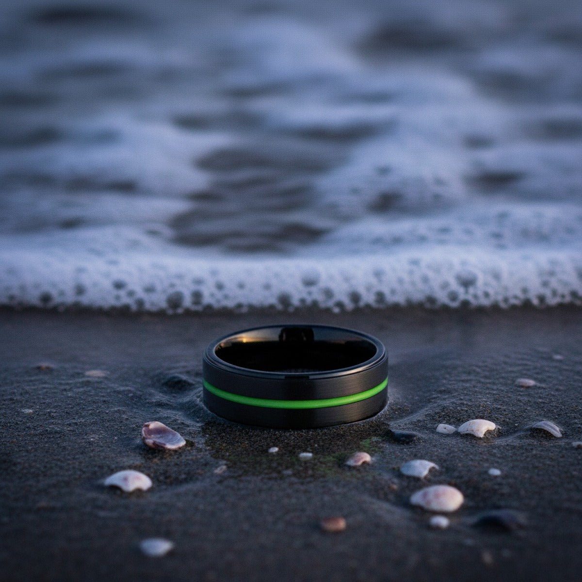 Aydins REAPER | Black Ring, Black Tungsten Ring, Green Groove, Stepped Edge lifestyle scene, saltwater tide