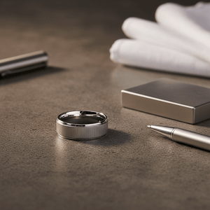 REFLECTIVA — Editorial masculine still life — men's tungsten wedding ring.