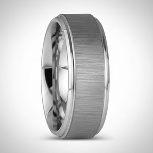 REFLECTIVA — Center-through axial view — men's tungsten wedding ring.