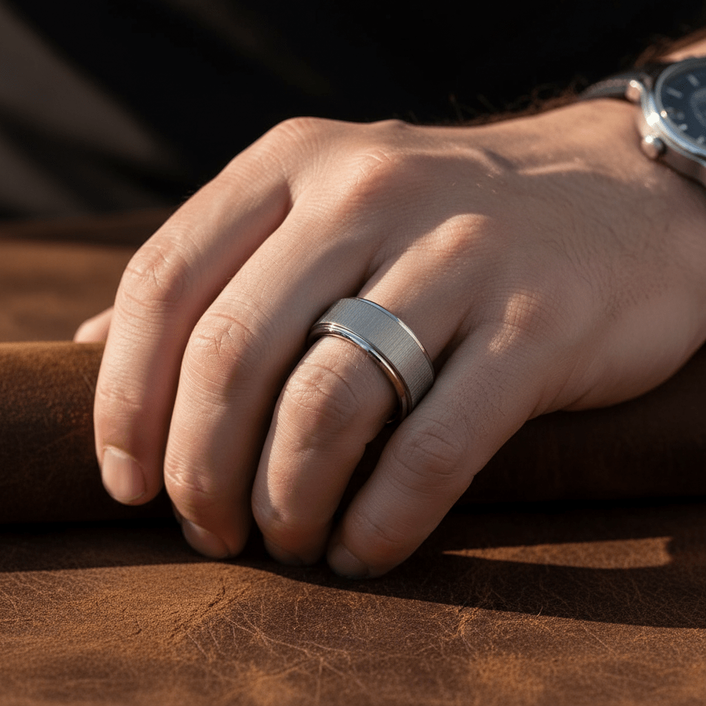 REFLECTIVA — Lifestyle photo on hand — men's tungsten wedding ring.