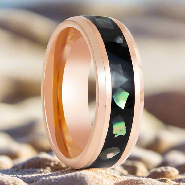 RESINOVA | Rose Gold Tungsten Ring, Black Resin & Abalone Shell Inlay - Rings - Aydins Jewelry - 3