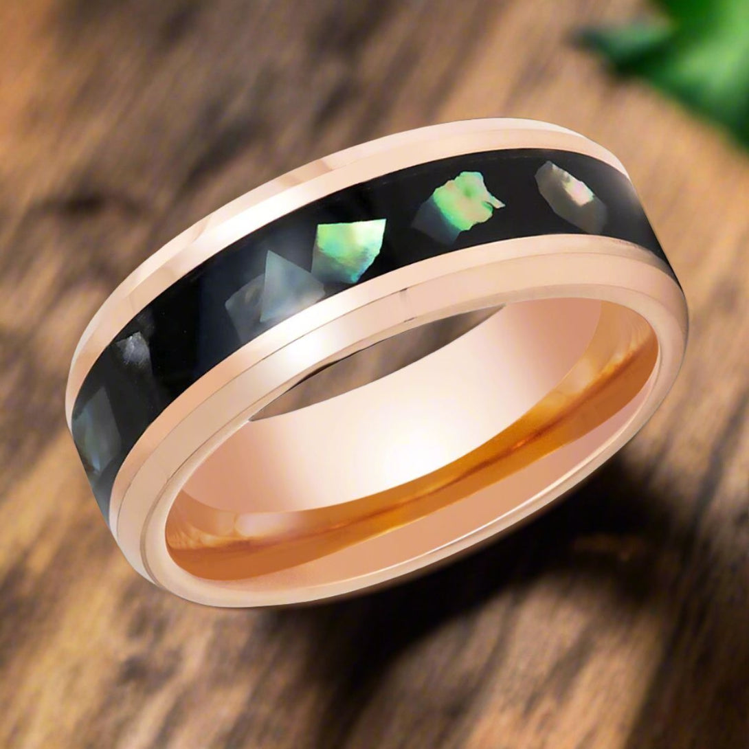 RESINOVA | Rose Gold Tungsten Ring, Black Resin & Abalone Shell Inlay - Rings - Aydins Jewelry - 4