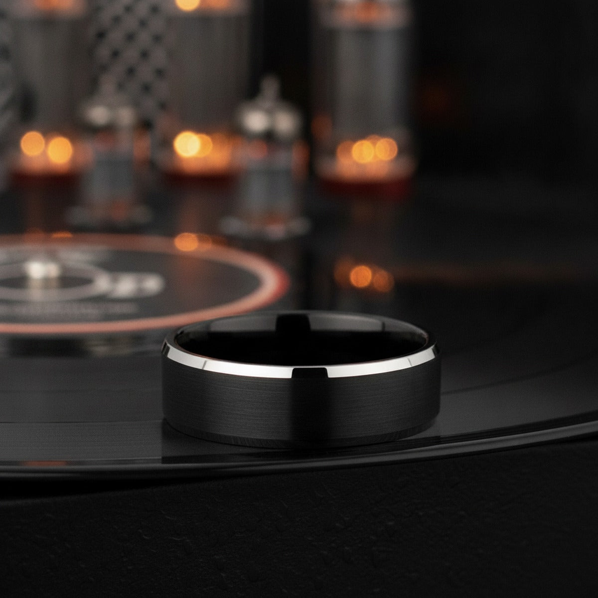 Aydins ASTON | Black Tungsten Brushed Ring lifestyle scene, vinyl record amp