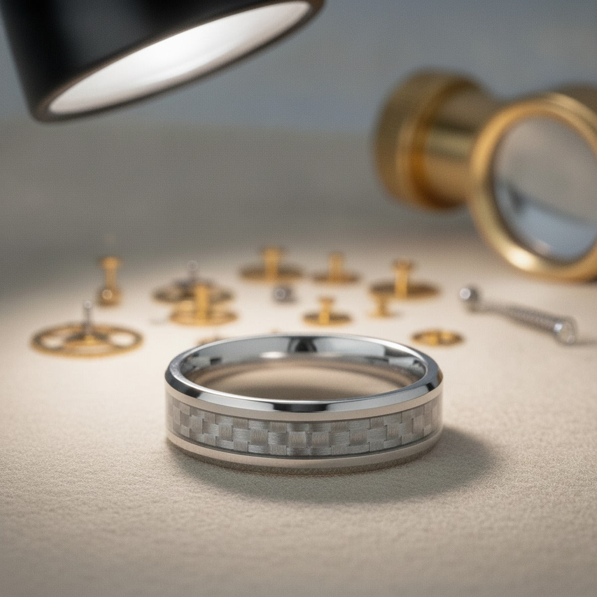Aydins ULTIMA | Tungsten Wedding Band with White Carbon Fiber lifestyle scene, watchmaker bench