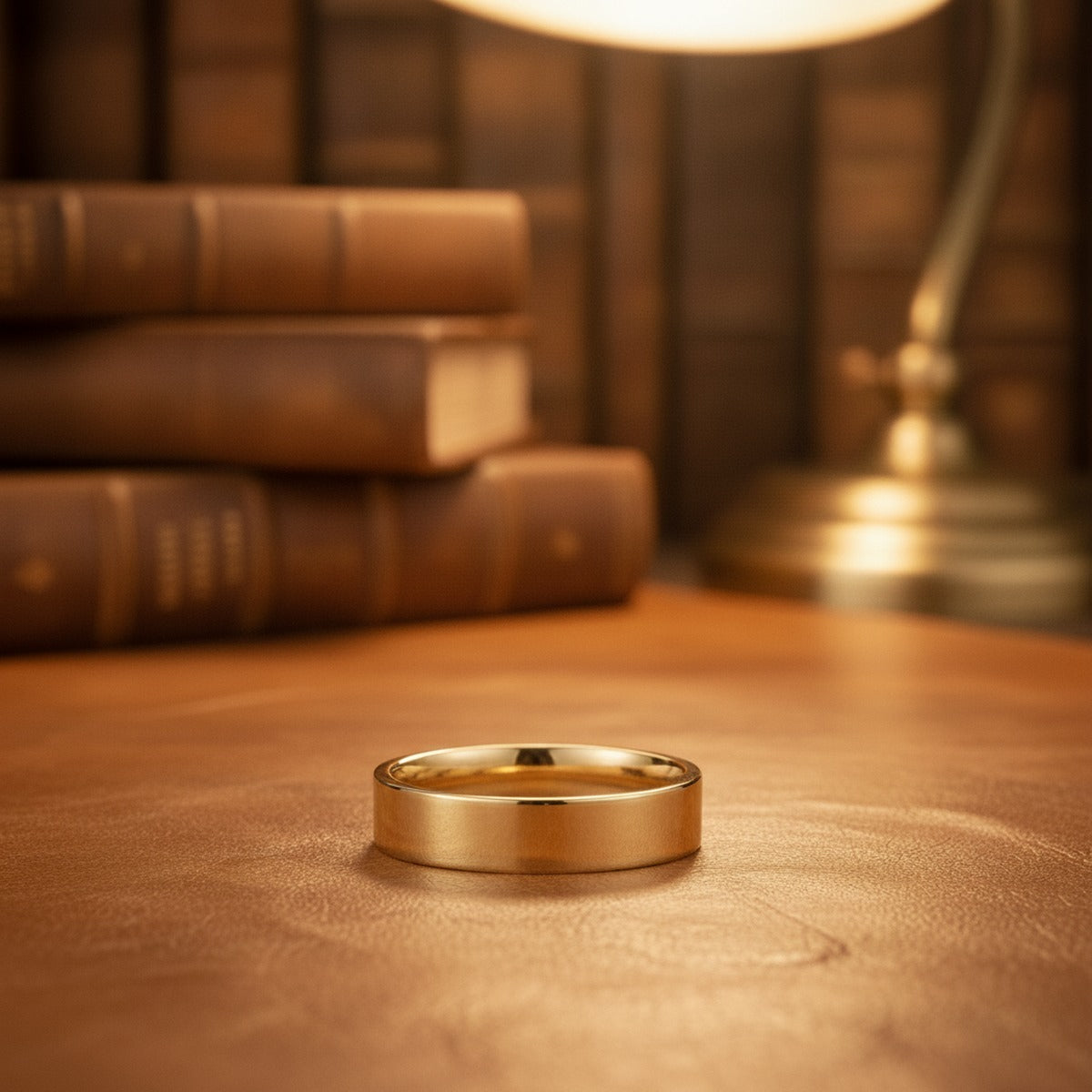 Aydins 14k Gold Flat Comfort Fit Wedding Band, Yellow or White Gold lifestyle scene, leather library