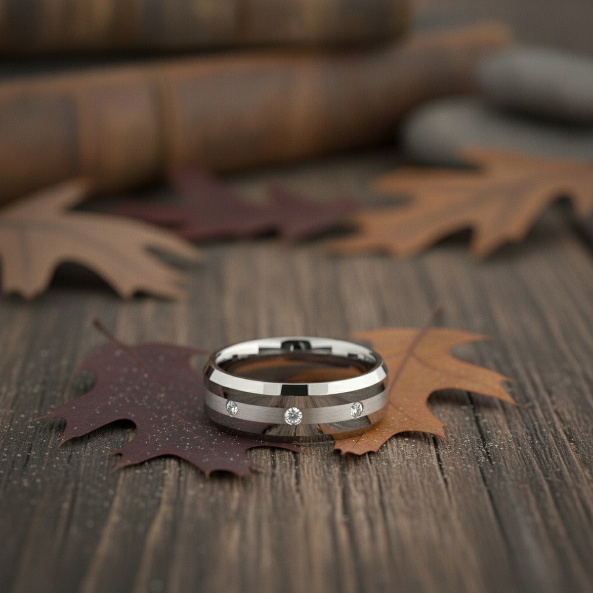 Aydins STAFFORD | Diamond Tungsten Ring Silver Inlay lifestyle scene, autumn oak leaves