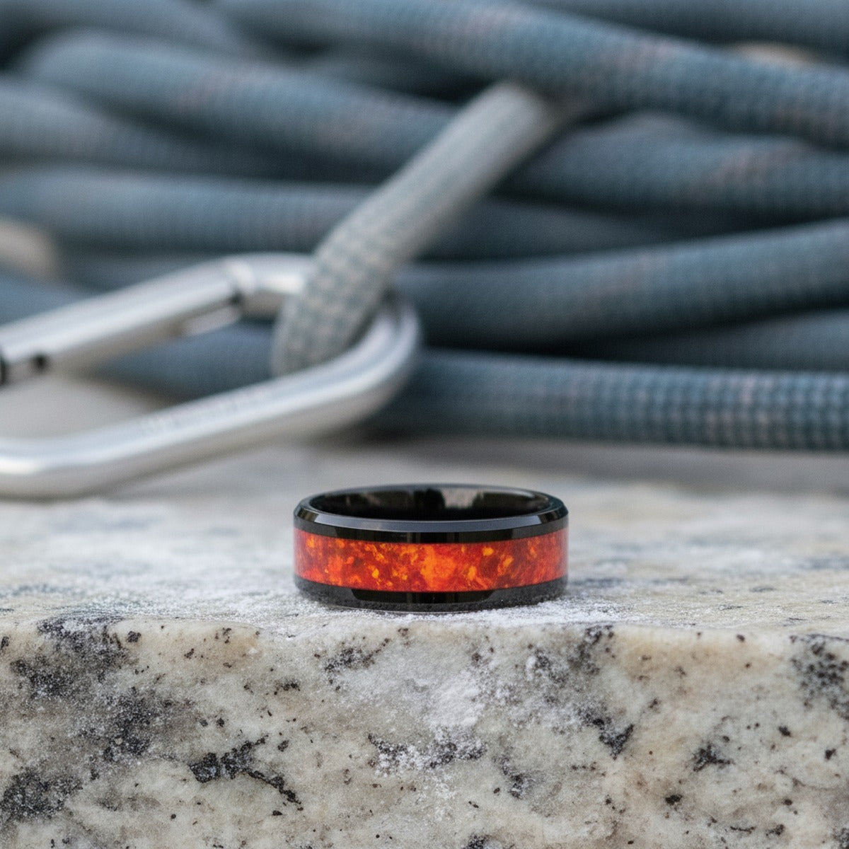 Aydins NOVA | Black Ceramic Ring, Opal Inlay lifestyle scene, climbing chalk