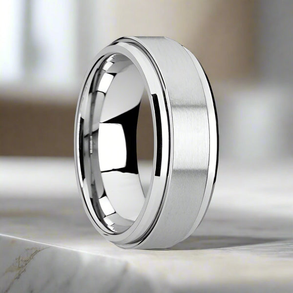 REVOLUTION | Silver Tungsten Ring, Fidget Spinner, Beveled