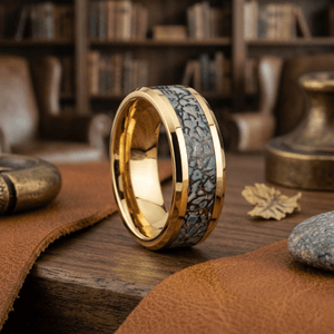 Dinosaur Bone inlay 14k yellow gold wedding band 8mm, on the hand