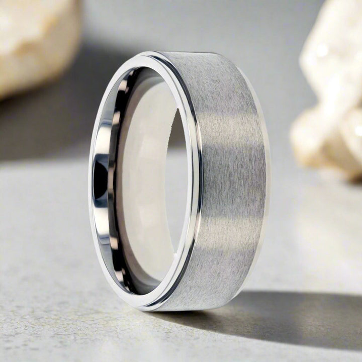 RHINOX silver titanium ring with brushed raised center and polished stepped edges - Aydins Jewelry