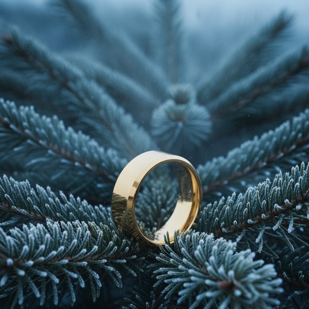 Aydins RHODES | Gold-Plated Beveled Tungsten Carbide Wedding Band 4mm 6mm 8mm lifestyle scene, evergreen frost