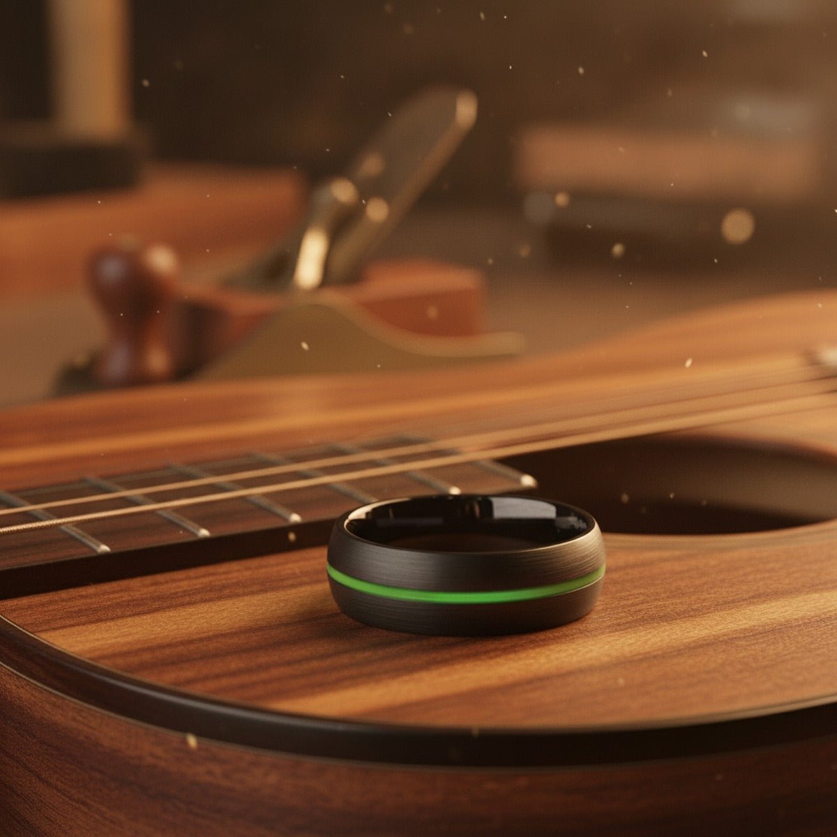 Aydins RIDWAN | Black Ring, Black Tungsten Ring, Green Groove, Domed lifestyle scene, luthier shop
