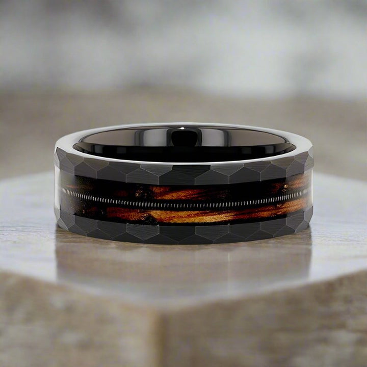 RIFF | Tungsten Ring, Whiskey Barrel, Guitar String Inlay, Hammered Flat Edges - Rings - Aydins Jewelry - 6