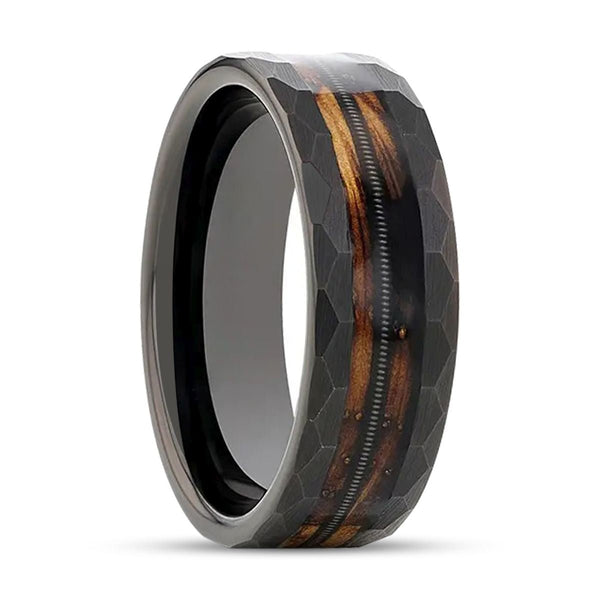 RIFF | Tungsten Ring, Whiskey Barrel, Guitar String Inlay, Hammered Flat Edges - Rings - Aydins Jewelry - 1