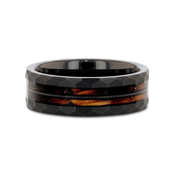 RIFF | Tungsten Ring, Whiskey Barrel, Guitar String Inlay, Hammered Flat Edges - Rings - Aydins Jewelry - 4