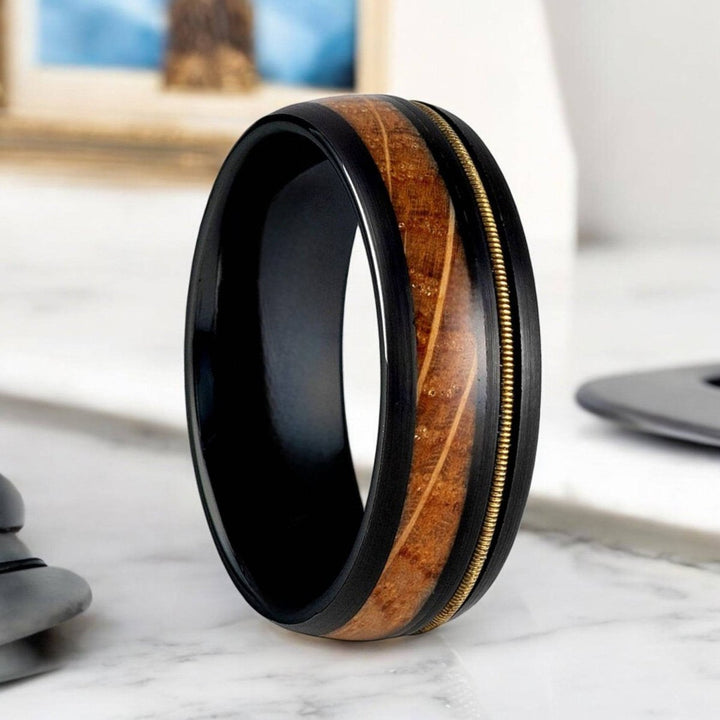 RIFFSON black tungsten ring with whiskey barrel and guitar string inlay - Aydins Jewelry.