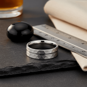 ROCCO — Editorial masculine still life — men's tungsten wedding ring.