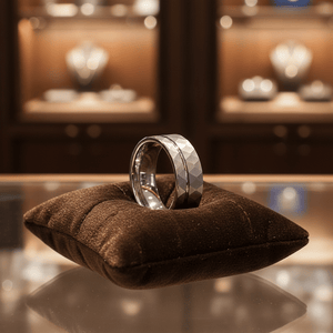 ROCCO — Premium boutique display on velvet — men's tungsten wedding ring.