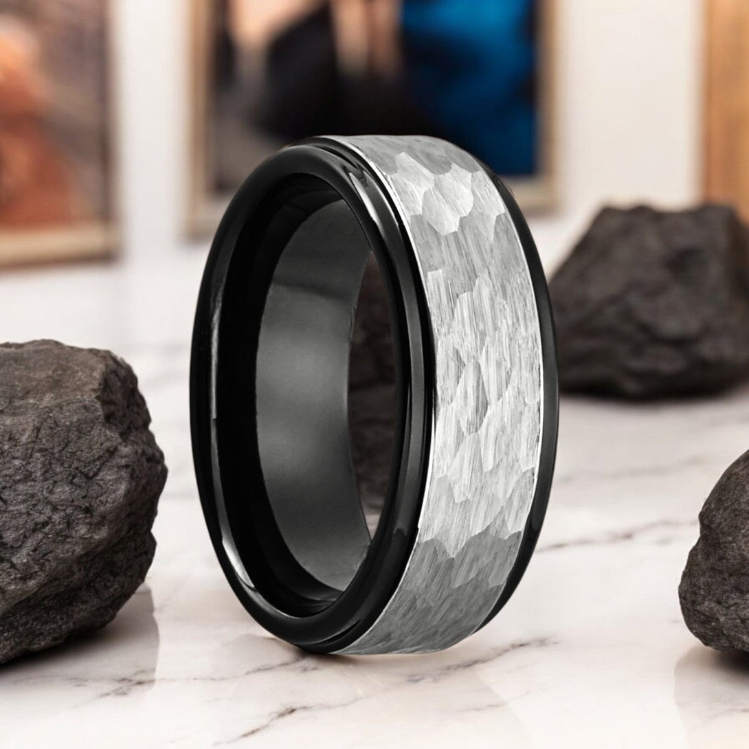 ROCKY - Black Tungsten Ring with Grey Hammered Finish - Front View