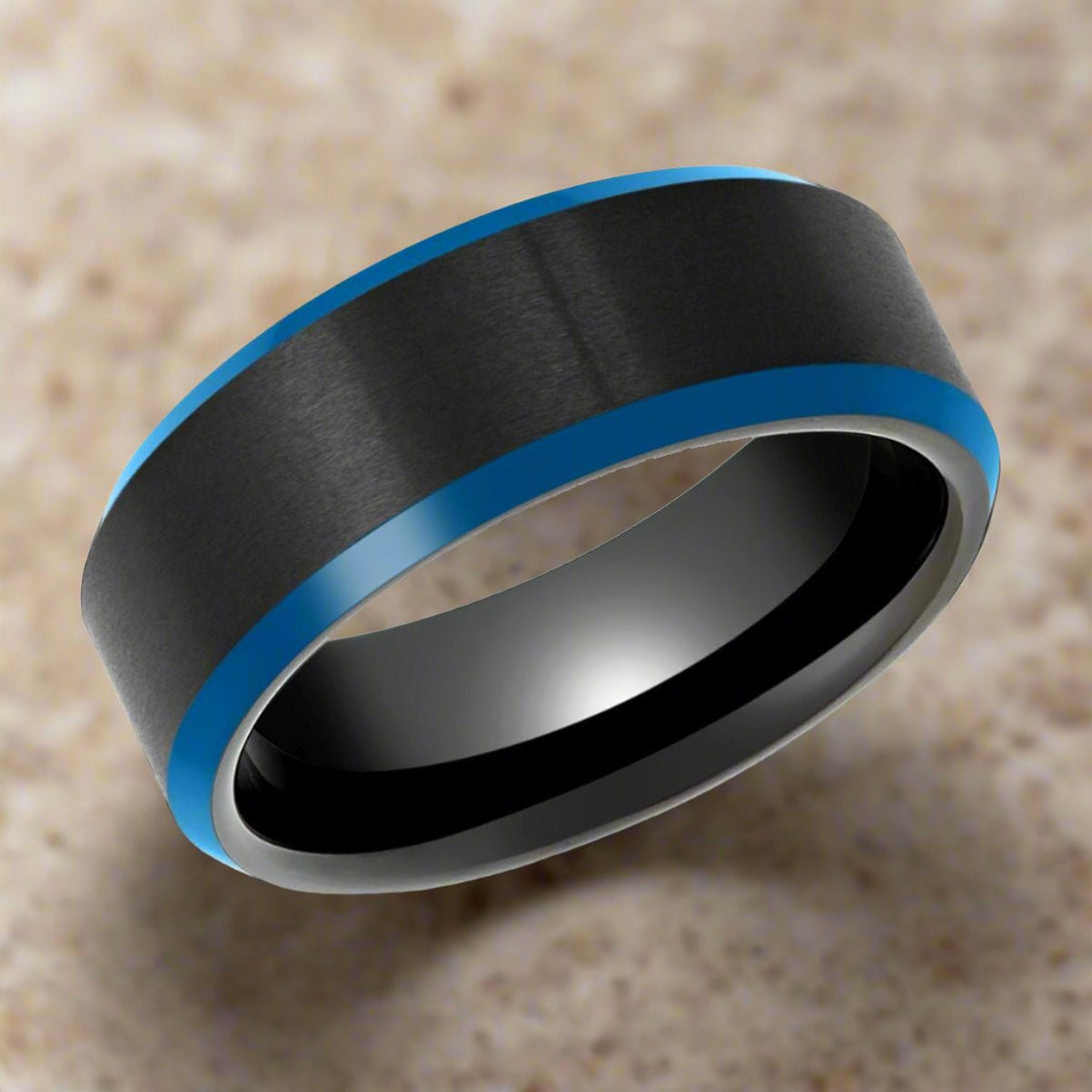 ROLFE | Black Tungsten Ring, Blue Beveled Edge - Rings - Aydins Jewelry - 4