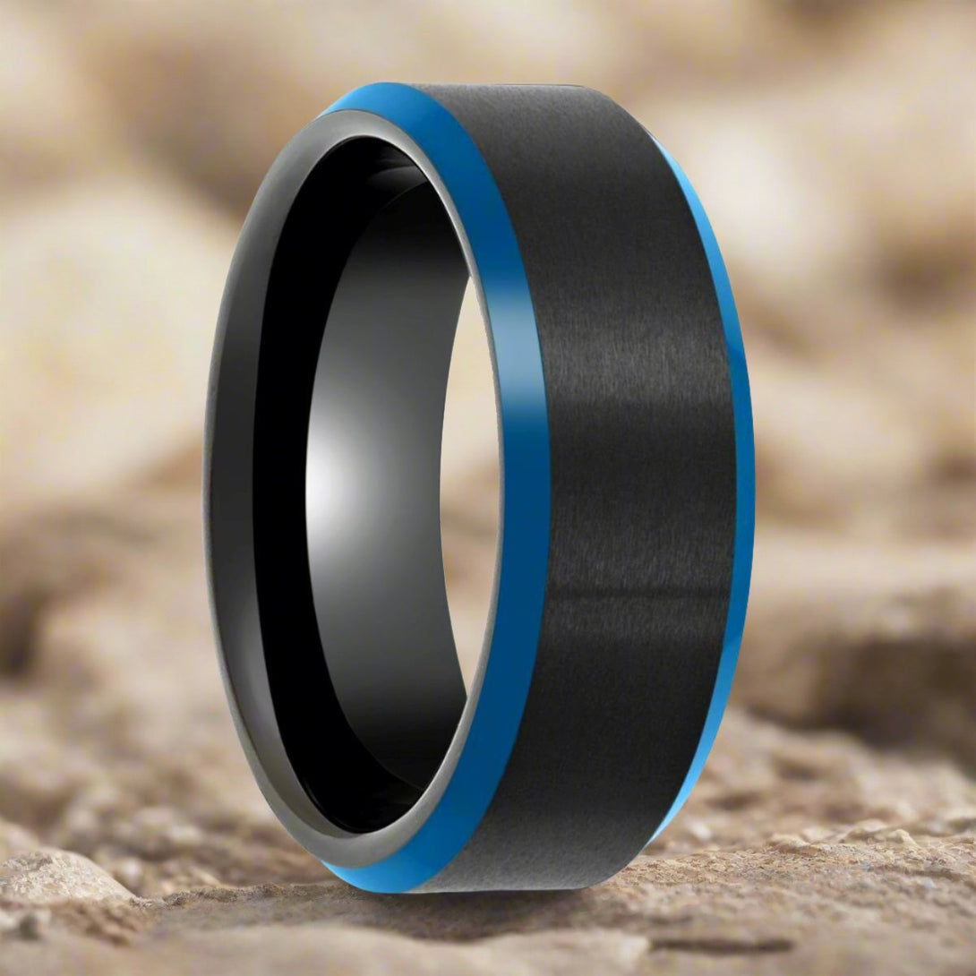 ROLFE | Black Tungsten Ring, Blue Beveled Edge - Rings - Aydins Jewelry - 3