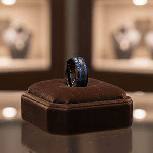 ROMEO — Premium boutique display on velvet — men's tungsten wedding ring.