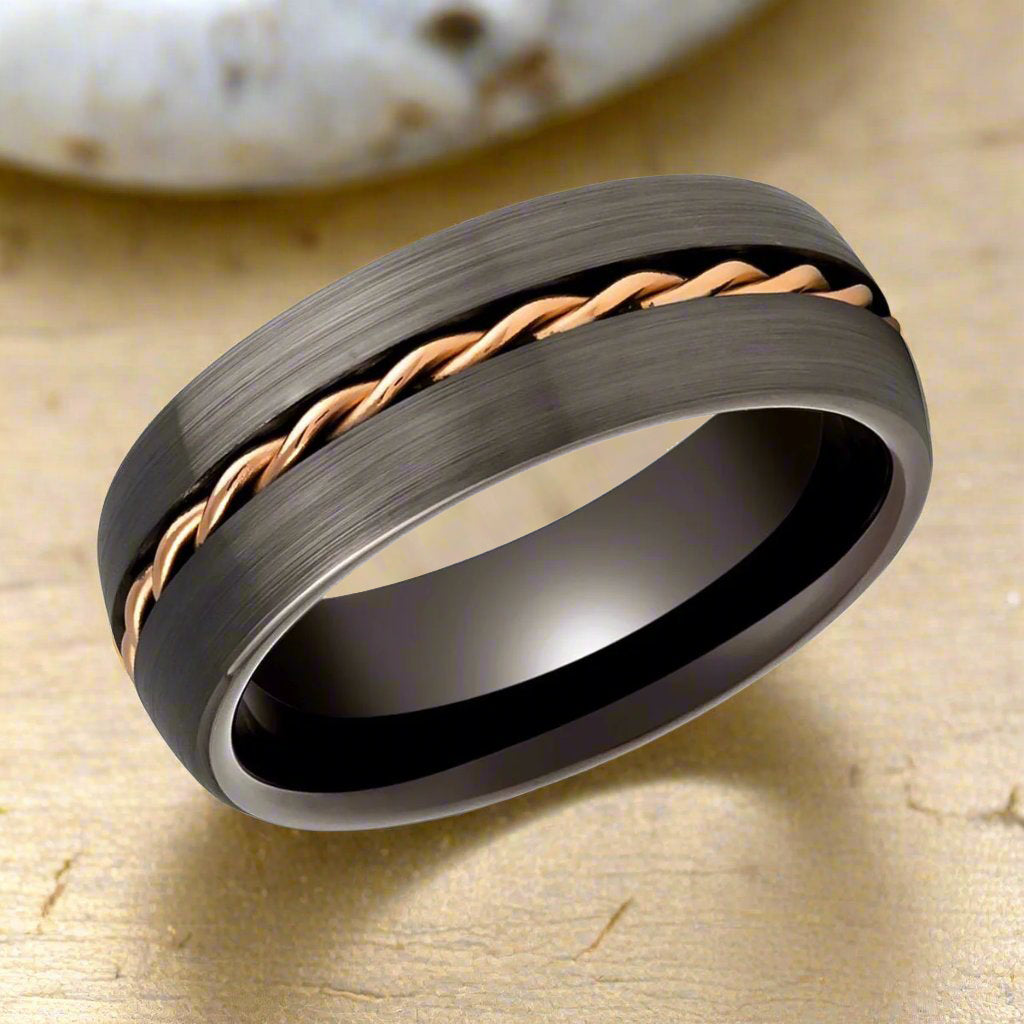 ROSIUM Tungsten Wedding Band with Rose Gold Rope Detail by Aydins Jewelry