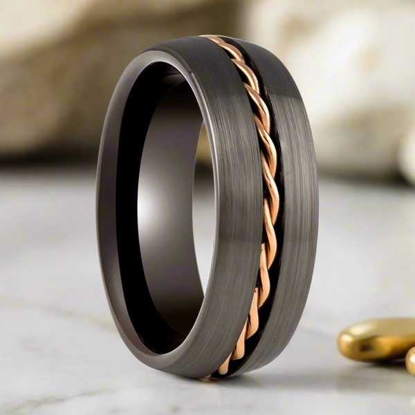 Aydins Jewelry's ROSIUM Ring - Domed Gunmetal Tungsten Band with Rose Gold Rope