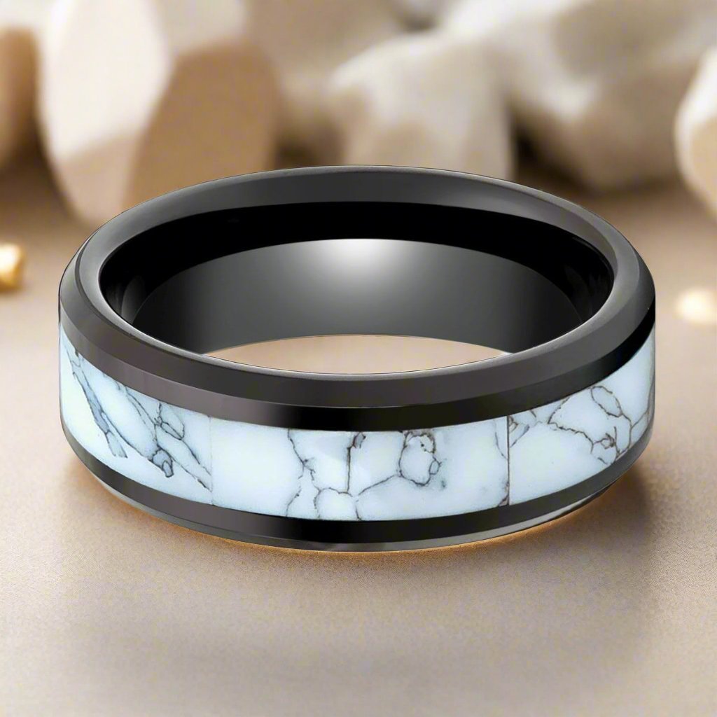 ROSSITER Ring with White Turquoise Inlay and Beveled Edges - Stylish Men's Wedding Band