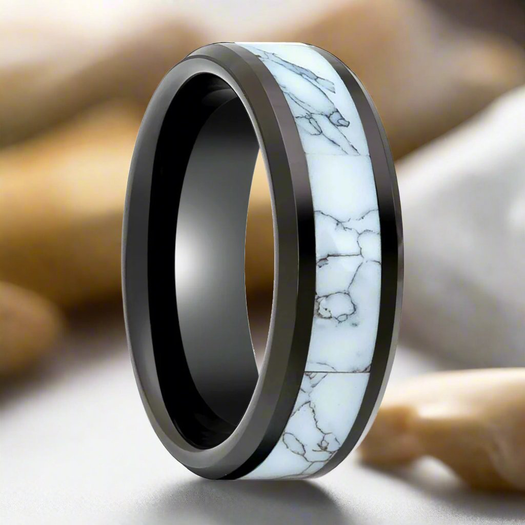 ROSSITER Black Tungsten Ring with White Turquoise Inlay and Beveled Edges - Side View