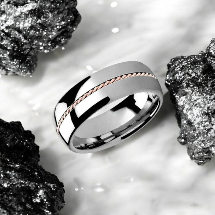 Side view of the ROSSMOOR Tungsten Ring showing the elegant braided rose gold inlay