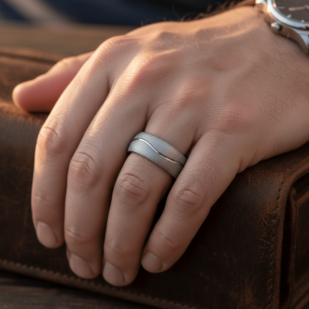 ROUGHZEN — Lifestyle photo on hand — men's tungsten wedding ring.
