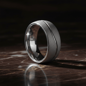 ROUGHZEN — Luxury 3/4 angle on dark marble — men's tungsten wedding ring.