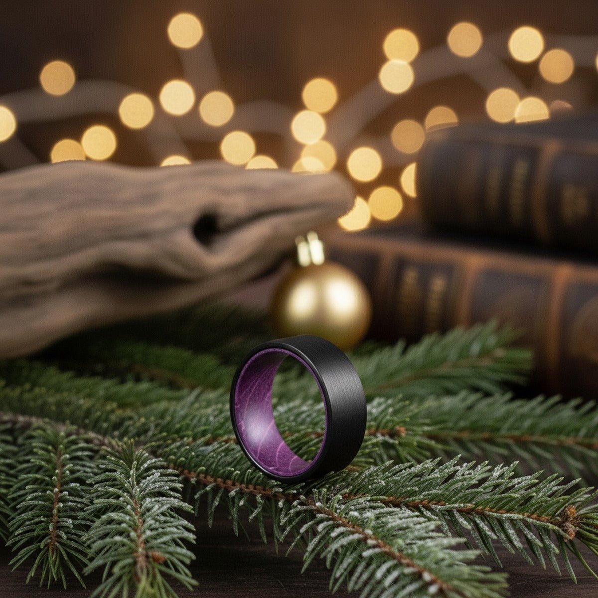 Aydins ROXO | Tungsten Purple Wood Inlay Ring 8MM lifestyle scene, christmas evergreen