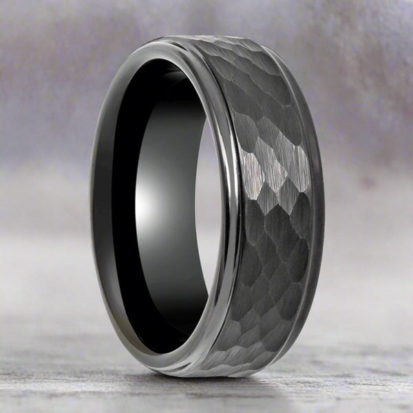 RUGGED | Gunmetal Tungsten Ring, Hammered, Stepped Edges - Rings - Aydins Jewelry - 3