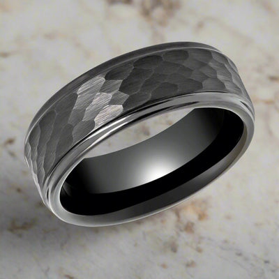 RUGGED | Gunmetal Tungsten Ring, Hammered, Stepped Edges - Rings - Aydins Jewelry - 4