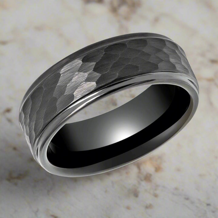 RUGGED | Gunmetal Tungsten Ring, Hammered, Stepped Edges - Rings - Aydins Jewelry - 4