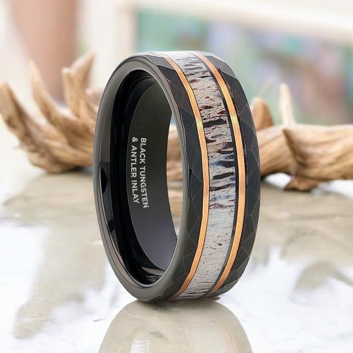 RUSTIC black tungsten ring with deer antler inlay and two rose gold stripes.