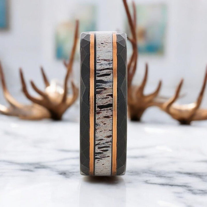 Close-up of RUSTIC ring showing rose gold stripes and hammered edges.